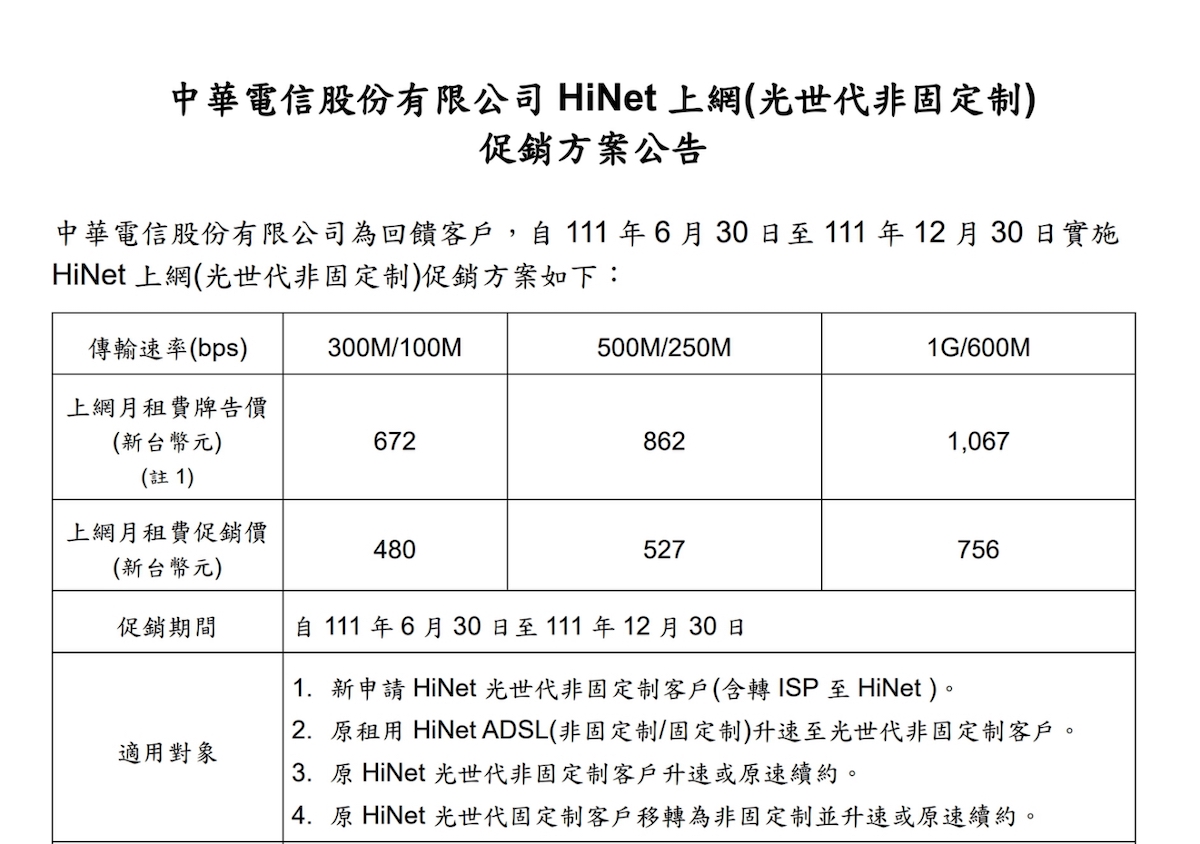 中華電線光世代 500M 1099元方案